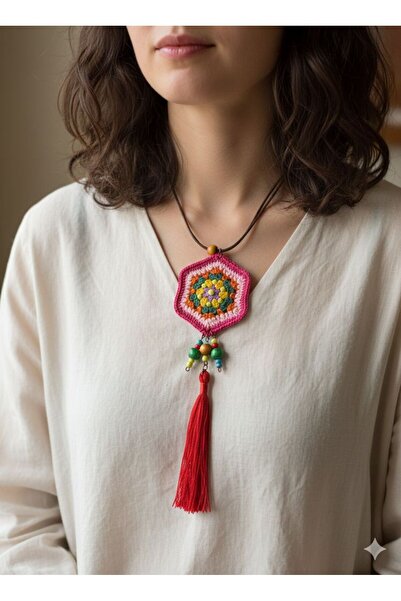 boncuktanseyler El Yapımı Örgü Boncuklu Püsküllü Pembe Etik Desen Mandala Kolye