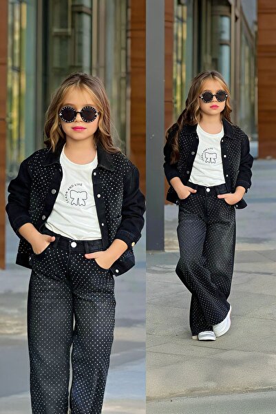 Minigimin Cicileri My Little One's Stoned Denim 3-Piece Girl's Set - Black