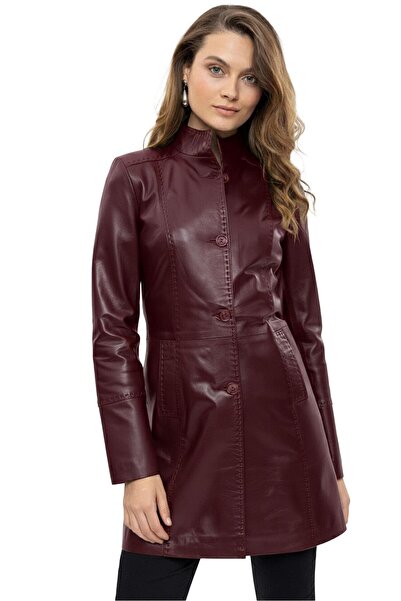 Deriderim Bordo Cara Kısa Düğmeli Dar Fit Kesim Astarlı Kısa Hakiki Kadın Der...