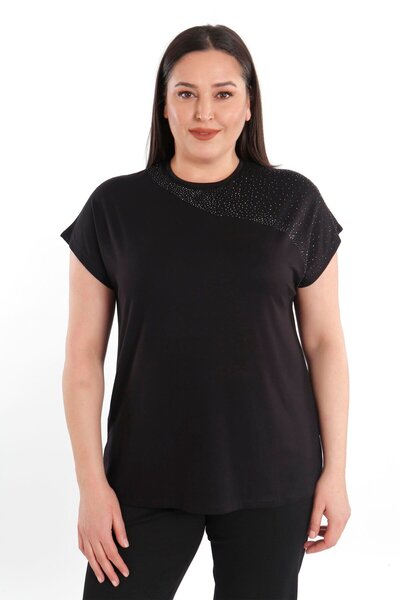 SERTUĞ Trend42Plus Shoulder Part Crystal-Studded Short Sleeve Plus Size Visco...