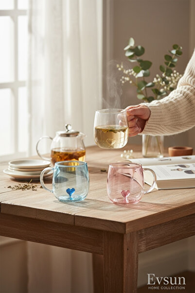 Evsun Home Collection Love 2-Piece Glass Mug 400ml Pink Blue