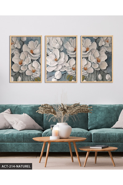 Evinemoda Teksturirano Pogleda Slika sa tri dela u drvenom okviru, beli cvet