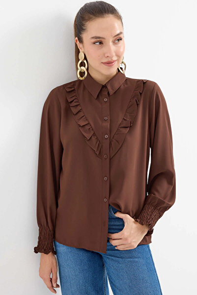 hazelin Women's Brown Ruffle Detailed Long Sleeve Stylish Shirt Hzl25W-Bd1202231