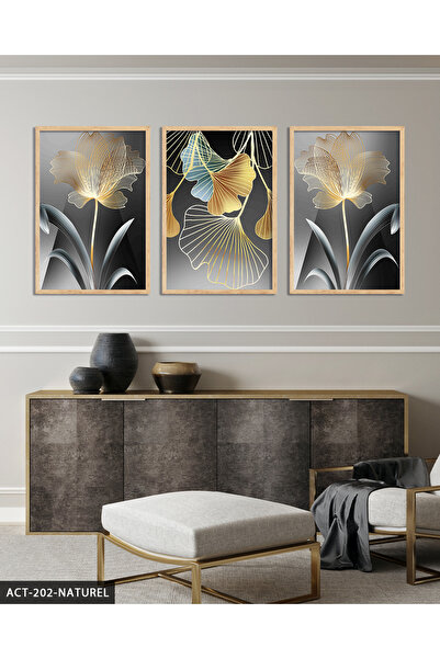 Evinemoda Soyut Sanat Gold Çiçek 3 Parça Ahşap Çerçeveli Tablo ACT