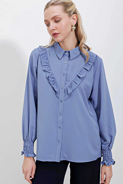 hazelin Women's Blue Ruffle Detailed Long Sleeve Stylish Shirt Hzl25W-Bd1202231