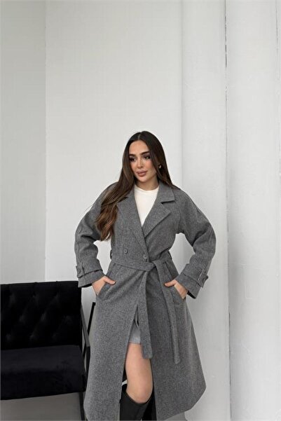 Neşeli Butik Women's Anthracite Belted Raglan Sleeve Buttoned Premium Cashmer...