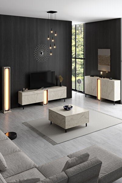 Modatte NOVA TV ÜNİTESİ LED IŞIKLI METAL AYAKLI MODERN TASARIM TRAVERTEN TV SEHPASI