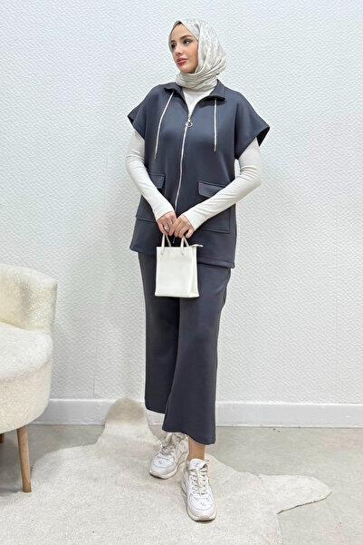 Tesettür Diyarı Sani Zippered Vest Set Scuba Hijab Set - Anthracite