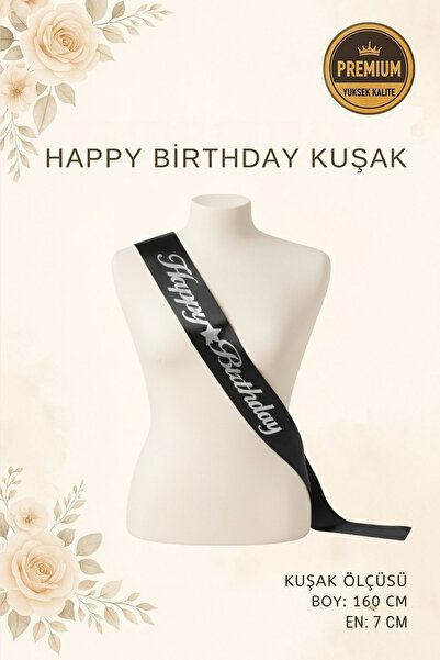 NEWPARİ Happy Birthday Yazılı Siyah Üstüne Gümüş Yaldız Baskılı Kuşak Doğum G...