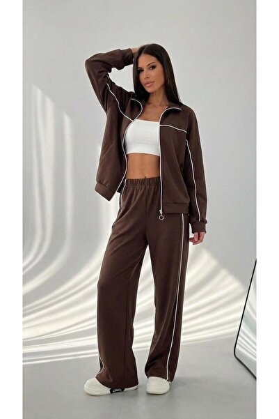 Koza Butik Women's Long Sleeve Zippered Ara Piped Detail Wide Leg Tracksuit S...