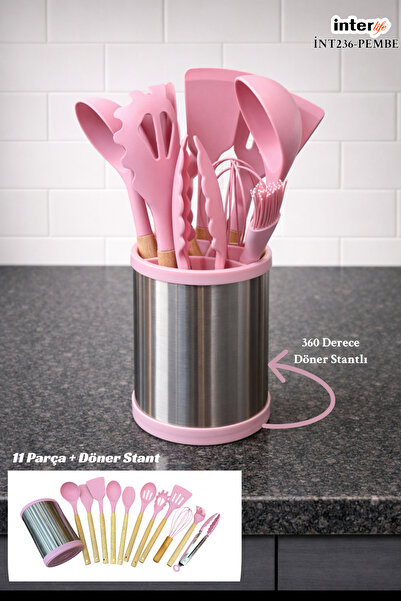 İnterlife 12Piece Wooden Handle Silicone Cooking Utensil Set with Rotating St...