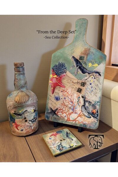 Turapia Design Deniz Temalı Sunum Seti El Yapımı 3'lü Set Şişe, Bardak Altlığ...