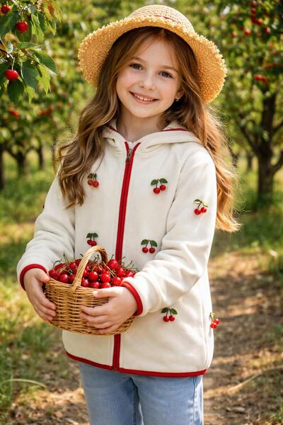 CiciTime Çocuk Modası Top din lână cu fermoar cu glugă pentru fete Cherry Winter