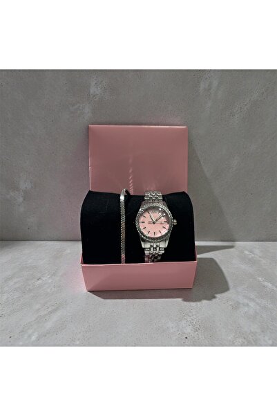 LANURE CO. Kadın Gümüş Renk Pembe Kadranlı Taşlı Kol Saati & Zarif Bileklik Seti