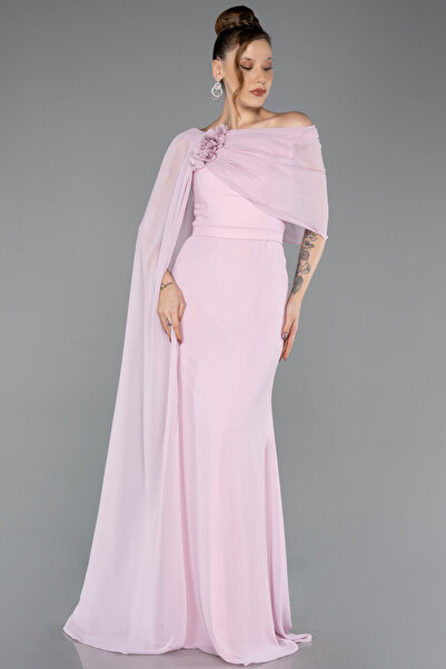 Abiyefon Pudra Pelerinli Tek Omuz Uzun Şifon Büyük Beden Abiye ABU5419