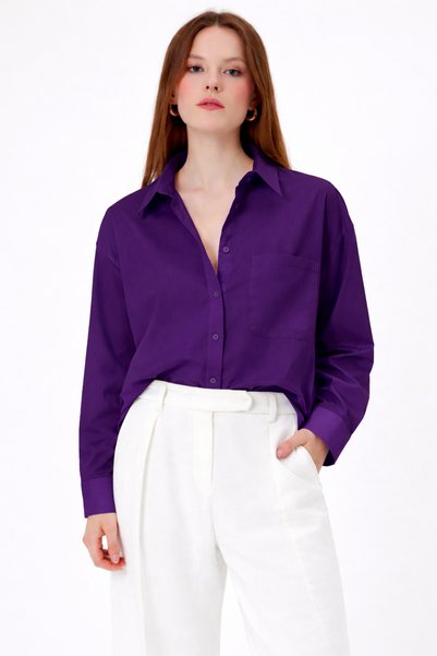 RAMİOR COLLECTION Women's Purple Linen Flared Shirt – Comfortable Fit, Long Sleeves, Buttoned Basic Model