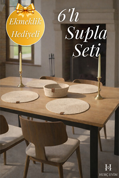 HURCEVİM 6 Adet Krem Jüt Supla Amerikan Servis Lux Tabak Altlığı + Ekmeklik H...