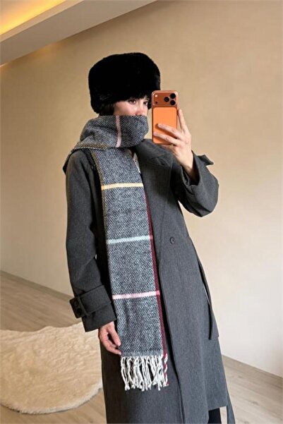 Neşeli Butik Women's Anthracite Patterned Soft Texture Winter Shawl Scarf Nm030