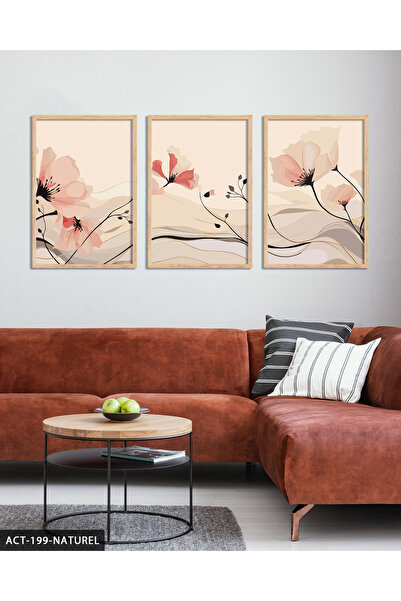 Evinemoda Tablou minimalist cu flori delicate, 3 piese, înrămat în lemn ACT