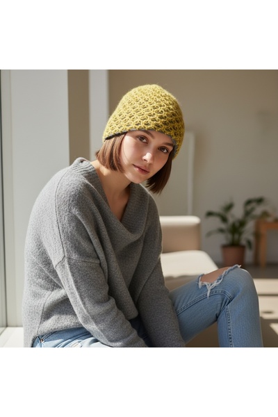 Flux Design Factory Tığ İşi Yeşil Gri Çift Katlı Bere Şapka