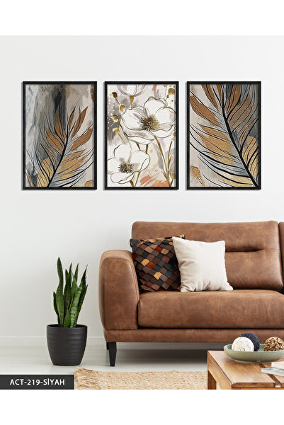 Evinemoda Zlatna detaljna slika lišća i cveća u drvenom okviru, 3 dela