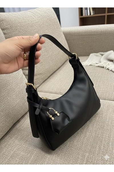 Madame Black Women's Faux Leather Shoulder Bag with Strap Buckle Detail Mini ...