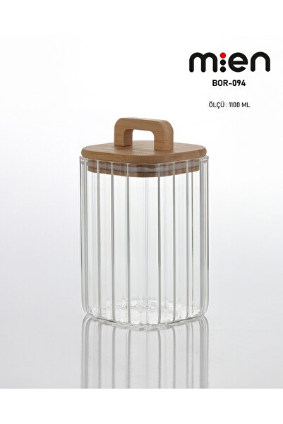 MİEN Bamboo Square Vacuum Lid Striped Jar 1100ml