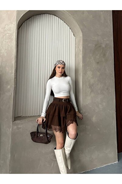 TOKARİS TEKSTİL Fusta cu curea cu detaliu din dantelă pentru femei