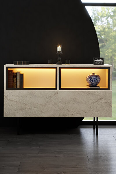 Modatte EKOL KONSOL LED IŞIKLI DEMİR AYAKLI ÇOK AMAÇLI DOLAPLI TRAVERTEN TV S...