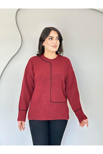 Aysel Boutiquee Elio Bordo Bisiklet Yaka Şerit Çizgili Triko Kazak C9999