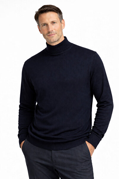 BURSPA Winter Half Turtleneck Thin Wool Dark Navy Dad Sweater