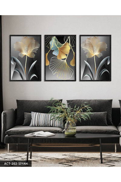 Evinemoda Soyut Sanat Gold Çiçek 3 Parça Ahşap Çerçeveli Tablo ACT