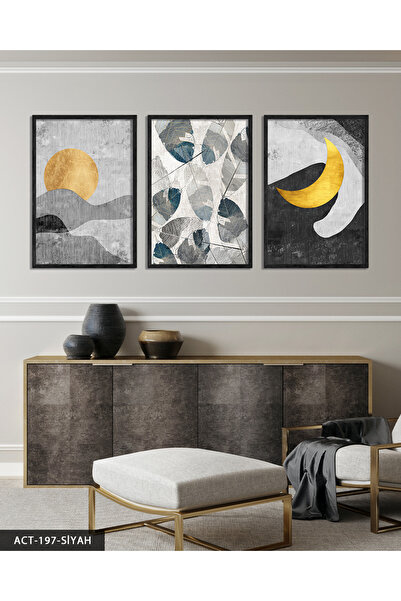 Evinemoda Frunze și Lună de Aur Tablou înrămat pe lemn în 3 piese ACT