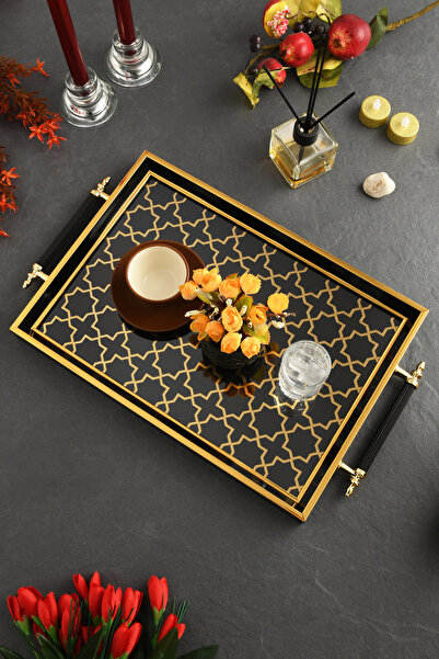 Leila Selçuklu Model Gold-Black Framed Luxury Presentation Tray 46X28 cm Real...