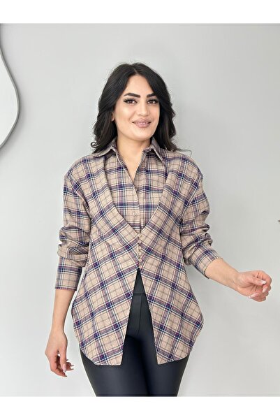 Aysel Boutiquee Echo Taş Pembe Omzu Vatkalı Düğmeli Ekose Desenli Tasarım Göm...