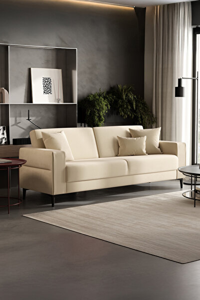 Enza Home Briza Plus 3'lü Yataklı Koltuk, Pati Dostu, Kadife Dokulu - Bej