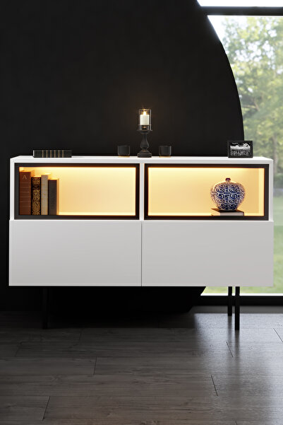 Modatte EKOL KONSOL LED IŞIKLI DEMİR AYAKLI ÇOK AMAÇLI DOLAPLI BEYAZ TV SEHPASI