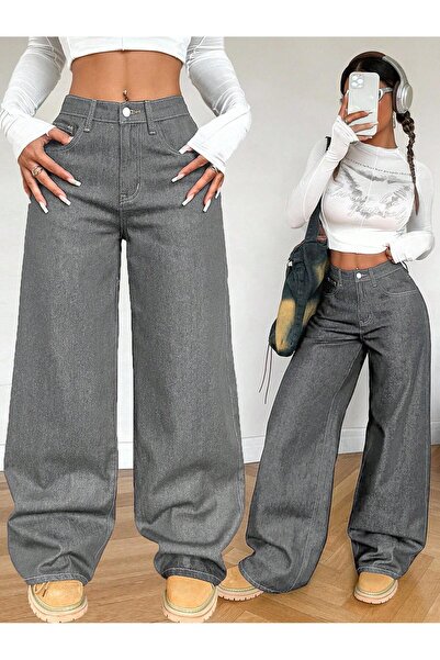 SİNGBADA UrbanFit Füme Gri Wide Leg Yüksek Bel Denim Pantolon