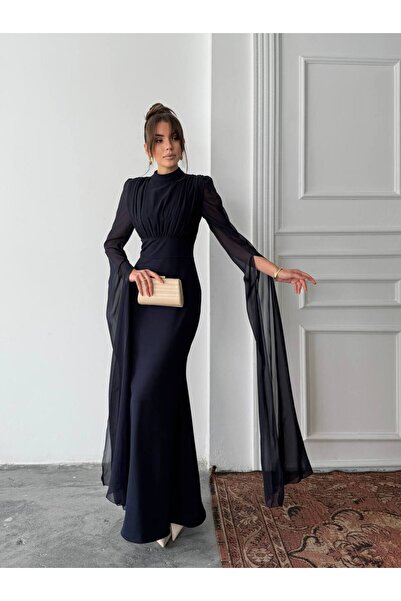 EtikaOnline Korsaj Baglamalı Tül Kol Uzun Elbise