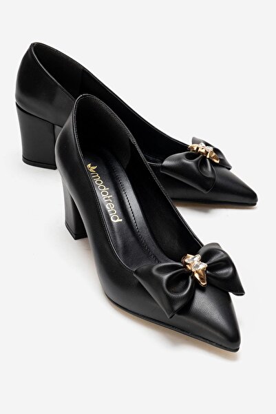 CCWAY AYAKKABI Women's Bow Tie Ribbon Stone Pointed Toe Heeled Shoes Black Skin