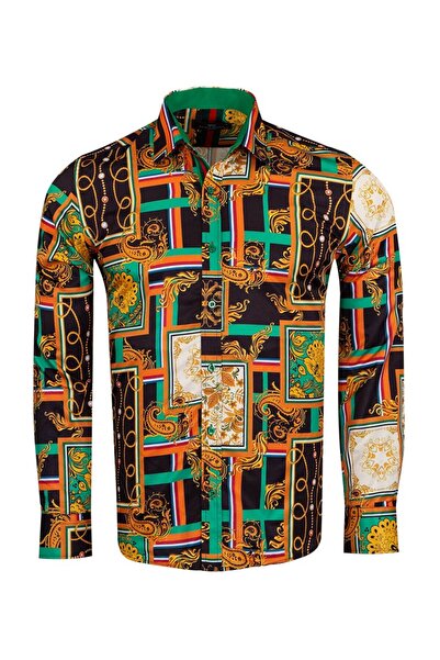 MAKROM Erkek Yeşil Turuncu Barok Desenli Slim Fit Uzun Kollu Gömlek