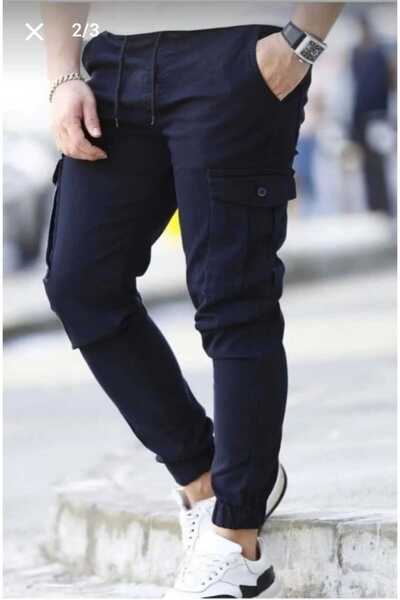 LEFNY COLLECTİON Men's Navy Blue Quality Cotton Flexible Jogger Pants with Cargo Pocket Pockets and Elastic Waist