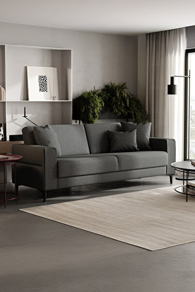 Enza Home Briza Plus 3'lü Yataklı Koltuk, Keten Dokulu - Antrasit