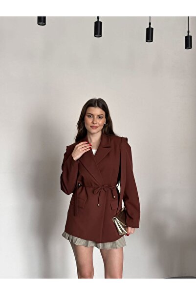 moda çağdaş سترة بليزر أنيقة بقصة ضيقة وحزام عند الخصر