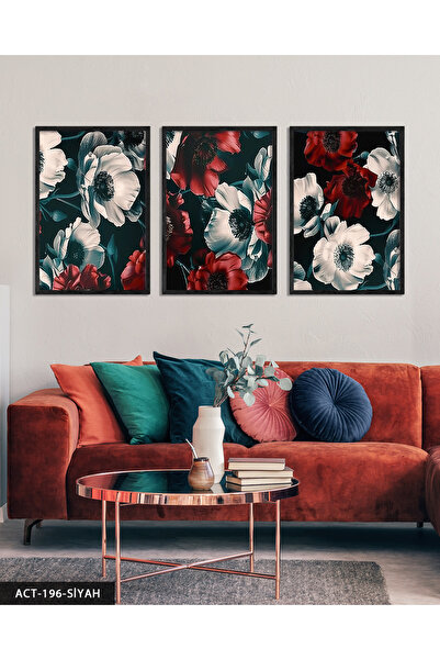 Evinemoda Κόκκινα Λευκά Λουλούδια 3 Τεμάχια Ξύλινο Πίνακα με Πλαίσιο ACT