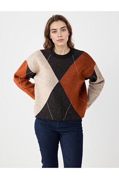 Jimmy Key Kahverengi Yuvarlak Yaka Geometrik Desenli Triko Kazak