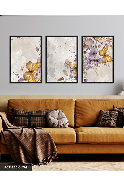Evinemoda Flori mov și fluture, tablou înrămat pe lemn din 3 piese ACT