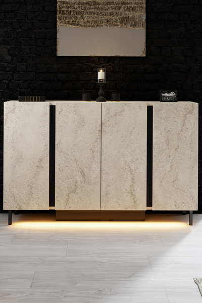 Modatte PARİS KONSOL LED IŞIKLI METAL AYAKLI MODERN TRAVERTEN TV SEHPASI