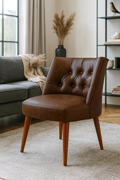 WATERYBROOK Berjer Sandalye - Kapitoneli Suni Deri - Ceviz Ahşap Ayaklı - Ret...