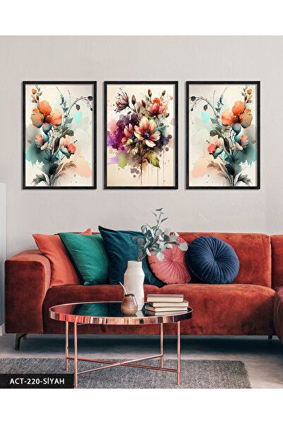 Evinemoda Sulu Boya Görünümlü Renkli Çiçekler 3 Parça Ahşap Çerçeveli Tablo ACT